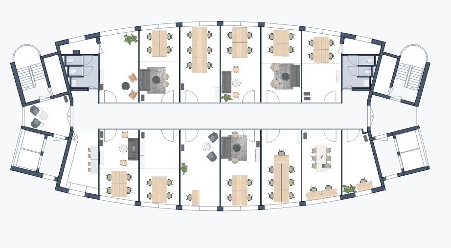 Plattegrond van een kantoorverdieping in het Rivium Quadrant met meerdere werkruimtes, vergaderruimtes en sanitaire voorzieningen.